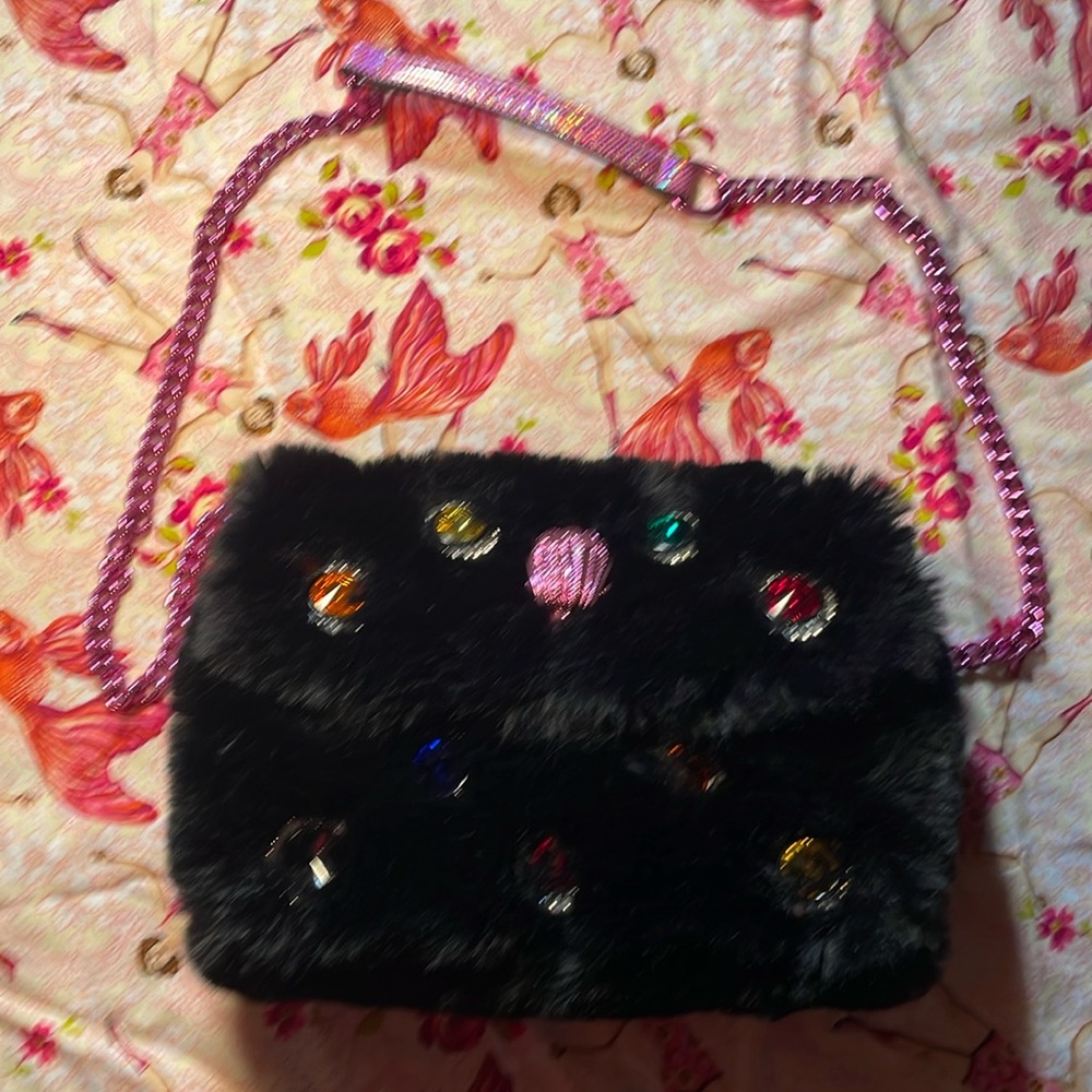 Kurt Geiger black faux fur jeweled shoulder bag with pink metallic chain.
